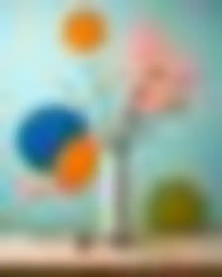 Copy-ready Stable Diffusion XL prompt for a cut-paper collage vase of flowers (fine art). Bold cut-paper collage with large flat expressive shapes in cobalt, orange, pink and green with thin outlines, with lighting, materials, camera, angle and composition details for a 1:1 image.