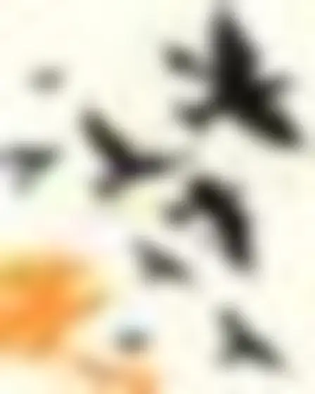 Copy-ready Flux 1.1 Pro prompt for a gestural ink brush birds in flight (conceptual art). Bold gestural black ink brushstrokes with dry-brush streaks and splatter plus one ochre-orange sweep on warm off-white textured paper, with lighting, materials, camera, angle and composition details for a 4:5 image.
