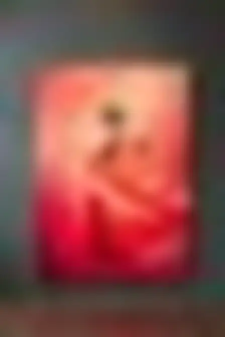 A professional editorial illustration prompt: hazy colour field dancer in motion, atmospheric colour-field painting of soft blurred bands of deep red, orange and rose with feathered glowing edges. Optimised for Midjourney v7 on a 2:3 canvas.