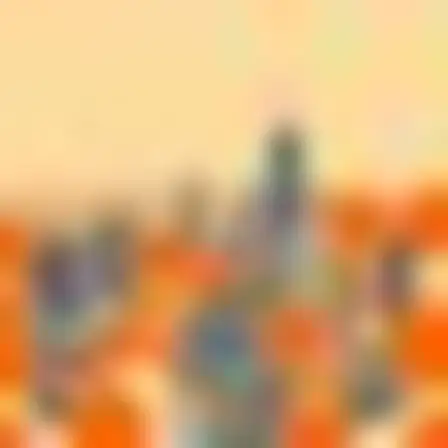 A professional conceptual art prompt: retro organic blobs city skyline, flat retro pattern of smooth interlocking organic blob shapes in saturated orange on cream with crisp vector edges. Optimised for Midjourney v7 on a 1:1 canvas.