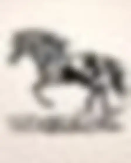 Conceptual Art AI image prompt for a linocut galloping horse: hand-carved linocut print with chunky black and one spot colour, rough ink coverage and carved gouge marks. Written for Flux 1.1 Pro on a 1:1 canvas, with lighting, materials, lens, angle and composition direction included.