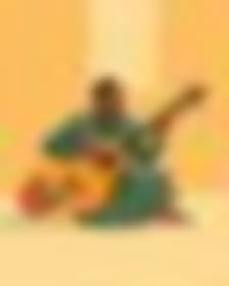 Copy-ready GPT Image prompt for a vintage gouache poster oud player (fine art). Vintage travel-poster illustration in flat gouache with simplified stylised shapes in teal, orange, mustard and olive, and fine paper grain, with lighting, materials, camera, angle and composition details for a 1:1 image.