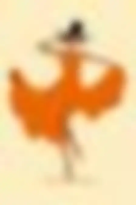 A professional editorial illustration prompt: retro organic blobs dancer in motion, flat retro pattern of smooth interlocking organic blob shapes in saturated orange on cream with crisp vector edges. Optimised for Midjourney v7 on a 2:3 canvas.
