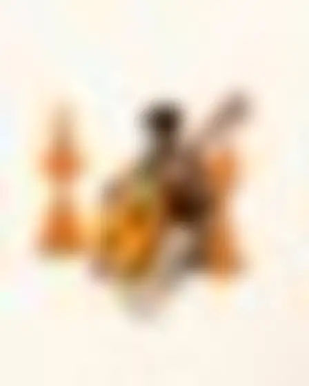 A professional editorial illustration prompt: boho totem shapes oud player, boho abstract of stacked ochre-mustard geometric totem shapes cut like paper on a pale textured cream background. Optimised for GPT Image on a 2:3 canvas.