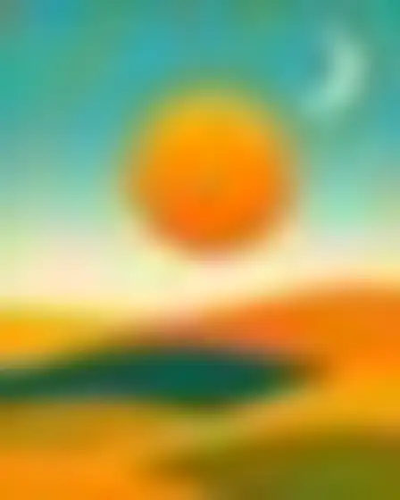 Fine Art AI image prompt for a vintage gouache poster sun and moon: vintage travel-poster illustration in flat gouache with simplified stylised shapes in teal, orange, mustard and olive, and fine paper grain. Written for Stable Diffusion XL on a 1:1 canvas, with lighting, materials, lens, angle and composition direction included.