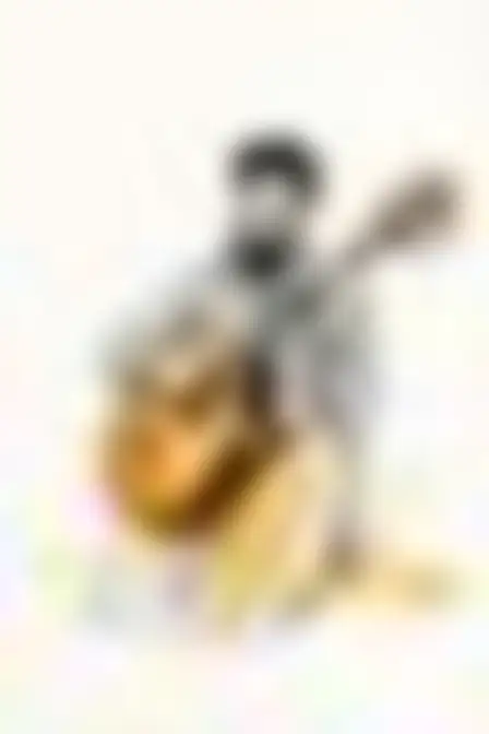 A professional editorial illustration prompt: scribble brushstroke oud player, one big ochre-orange brushstroke combined with a loose black ink scribble line and splatter on white paper. Optimised for Midjourney v7 on a 2:3 canvas.