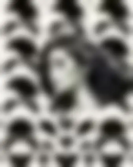 Copy-ready Stable Diffusion XL prompt for a quarter-circle tile pattern woman in profile (editorial illustration). Monochrome black on off-white repeating tile pattern of interlocking quarter circles and half circles in a tight grid, with lighting, materials, camera, angle and composition details for a 1:1 image.