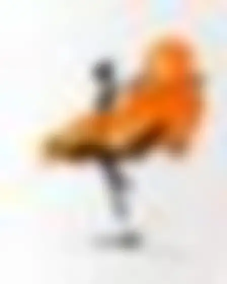 A professional conceptual art prompt: scribble brushstroke dancer in motion, one big ochre-orange brushstroke combined with a loose black ink scribble line and splatter on white paper. Optimised for Imagen 4 on a 4:3 canvas.