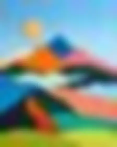 Editorial Illustration AI image prompt for a cut-paper collage mountain range: bold cut-paper collage with large flat expressive shapes in cobalt, orange, pink and green with thin outlines. Written for Imagen 4 on a 1:1 canvas, with lighting, materials, lens, angle and composition direction included.