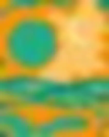 Copy-ready Imagen 4 prompt for a groovy swirls sun and moon (conceptual art). Groovy 1970s psychedelic pattern of layered liquid swirls in teal, mustard, orange and cream with rounded flat shapes, with lighting, materials, camera, angle and composition details for a 4:3 image.