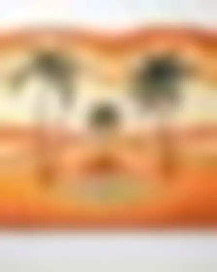 Copy-ready Stable Diffusion XL prompt for a woodgrain waves palm oasis (conceptual art). Flowing 1970s wood-grain wave lines in rust, cream, sage and brown forming layered arches and ripples like inlaid veneer, with lighting, materials, camera, angle and composition details for a 2:3 image.