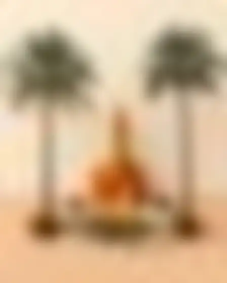 Copy-ready Flux 1.1 Pro prompt for a boho totem shapes palm oasis (digital painting). Boho abstract of stacked ochre-mustard geometric totem shapes cut like paper on a pale textured cream background, with lighting, materials, camera, angle and composition details for a 2:3 image.