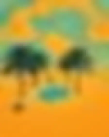 Copy-ready Flux 1.1 Pro prompt for a groovy swirls palm oasis (conceptual art). Groovy 1970s psychedelic pattern of layered liquid swirls in teal, mustard, orange and cream with rounded flat shapes, with lighting, materials, camera, angle and composition details for a 4:3 image.