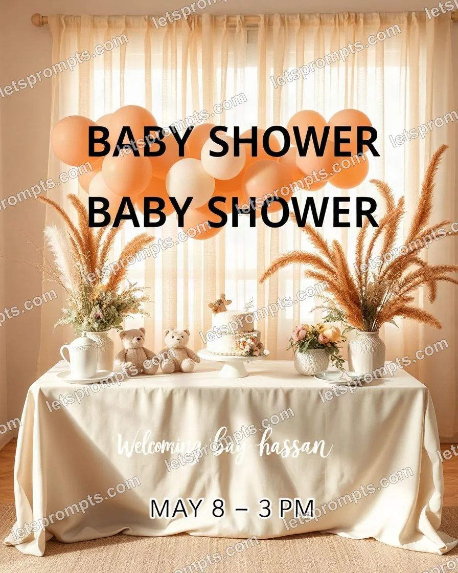 A professional poster design prompt: boho pampas floral baby shower, boho palette of terracotta, sage and cream with pampas grass, dried florals and soft hand-lettered script. Optimised for Ideogram 2 on a 1:1 canvas.