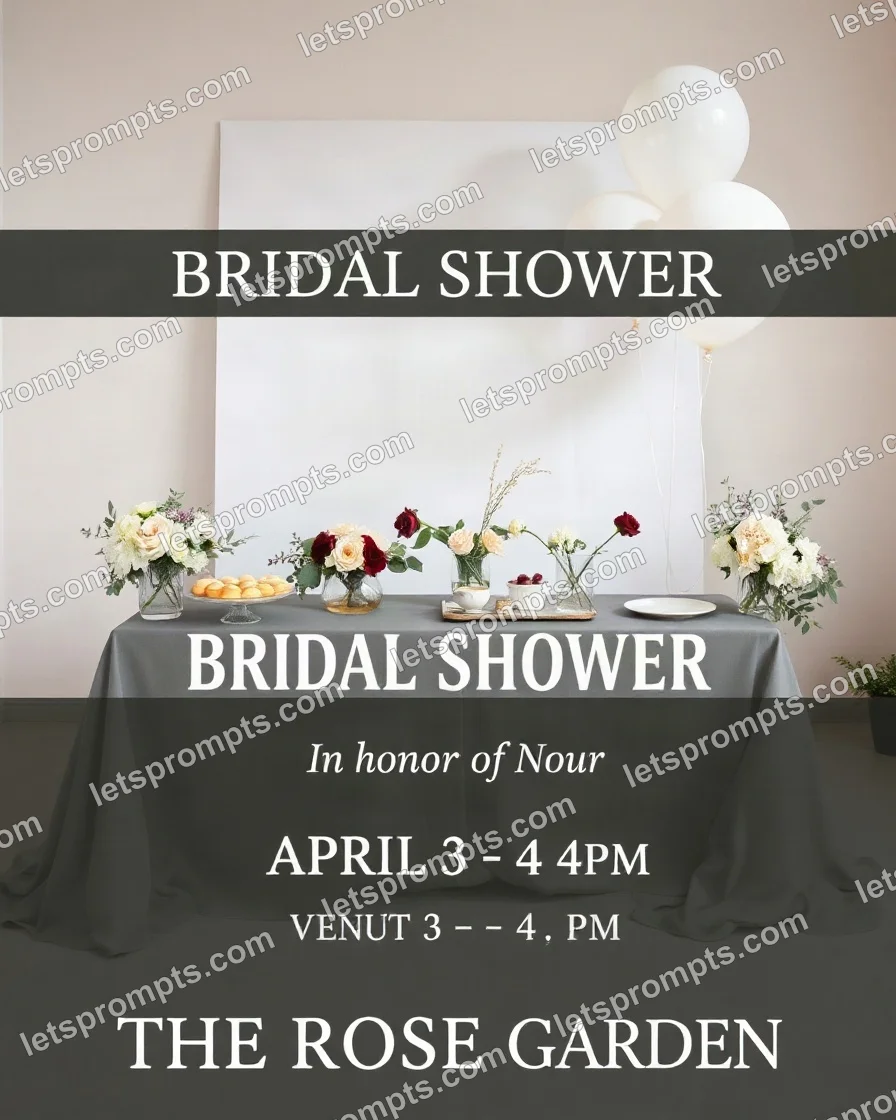 Copy-ready Ideogram 2 prompt for a minimalist modern bridal shower (poster design). Clean minimalist layout in warm white and charcoal with thin sans-serif capitals, one fine-line botanical and generous empty space, with lighting, materials, camera, angle and composition details for a 4:5 image.