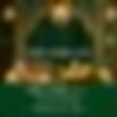 Copy-ready Midjourney v7 prompt for a arabesque emerald and gold engagement party (graphic design). Deep emerald and gold arabesque ornament inside an Islamic arch frame with hanging lanterns and refined calligraphic lettering, with lighting, materials, camera, angle and composition details for a 1:1 image.